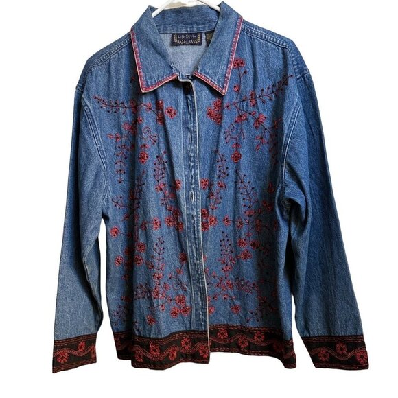 Vintage Life Style Women’s Denim Jacket Button Front Embroidered  Size Medium Sk - Picture 10 of 11
